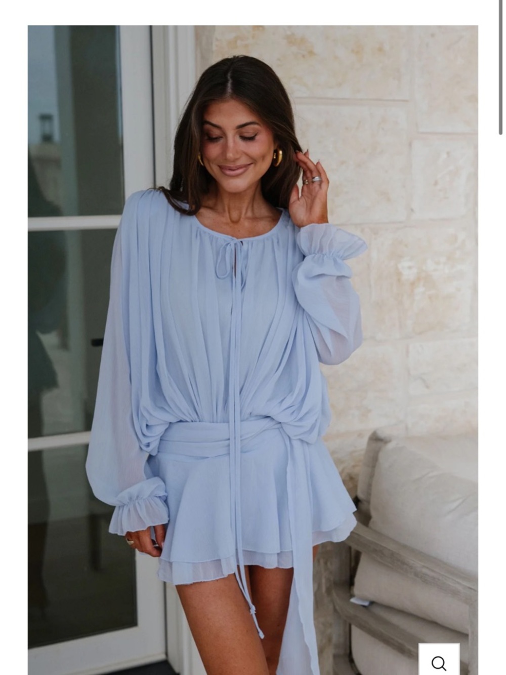 Sheer Light Blue Long Sleeve Mini Dress with Waist Sash